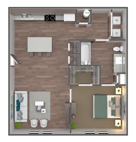 A top-down view of a small apartment with a bedroom, living room, and bathroom.